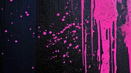 Poster - Pink paint dripping, splattering across textured black surface, generating dynamic abstract composition with vivid color interaction