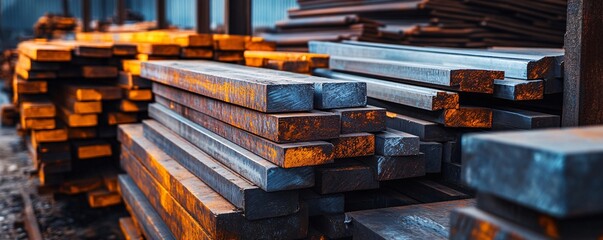 Poster - Metal bars stacked in warehouse awaiting processing