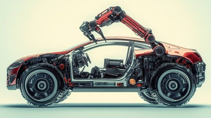 Aufkleber - Robotic arm lifting roof of modern car revealing internal structure