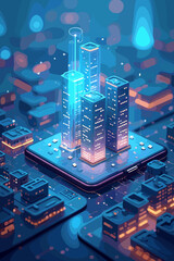 Poster - Dazzling Cyberpunk Metropolis: Futuristic Cityscape on Smartphone Controlled with Precision. Advanced Technology, Innovation, Digital Twin, Metaverse, IoT, Smart City concept.