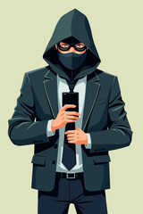 Aufkleber - Sinister Cyber Thief: Masked Hacker Stealing Data and Money from Mobile Device, Digital Crime and Security Threat Vector Illustration Design for Technology Concepts