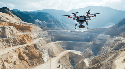 Poster - an ai powered drone conducting geological surveys for resource exploration, mountainous terrain with
