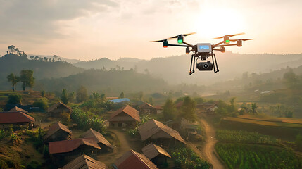 Poster - an ai powered drone delivering essential medical supplies in remote rural areas, rural landscape wit