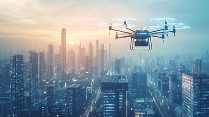 Poster - An AI powered drone delivering goods to urban areas in a smart city, futuristic city with real-time delivery data and autonomous drone navigation, Smart city technology style