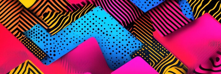 Fototapete - Retro Memphis-style background featuring bold geometric shapes and vibrant colors for a playful and dynamic atmosphere