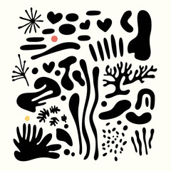 Poster - Abstract Shapes: Black abstract shapes with varying sizes and shapes on a soft, cream-colored canvas, creating an eye-catching artistic design.