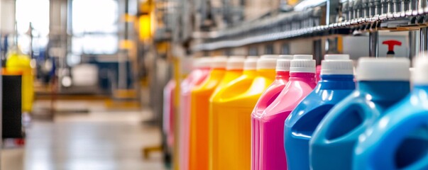 Poster - Conveyor belt carrying colorful bottles in factory