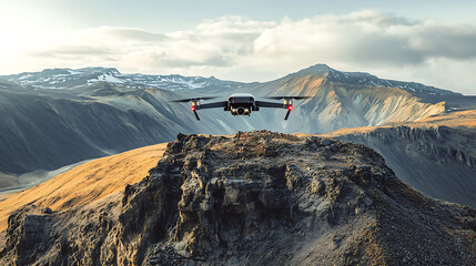 Poster - an ai powered drone performing real time geological surveys on a mountain range, rugged terrain with