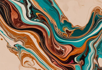 Poster - Fluid Dynamics: A mesmerizing swirl of turquoise, orange, and brown paints creates an abstract pattern with flowing lines, evoking the essence of a marbled texture. 