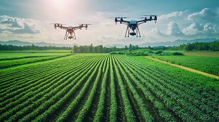 Poster - an ai powered drone swarm monitoring an agricultural field, vast farmland with precision farming ana
