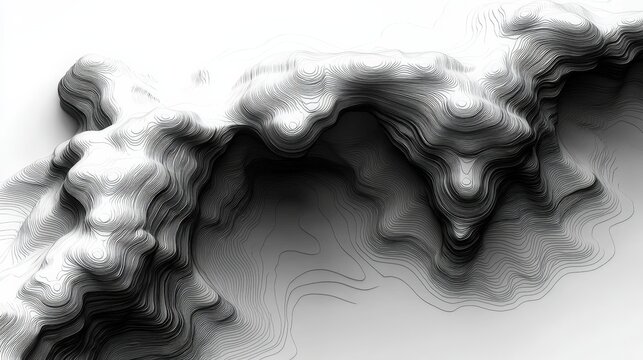 Abstract Black and White Terrain Illustration with Layered Contours and Depth Perception