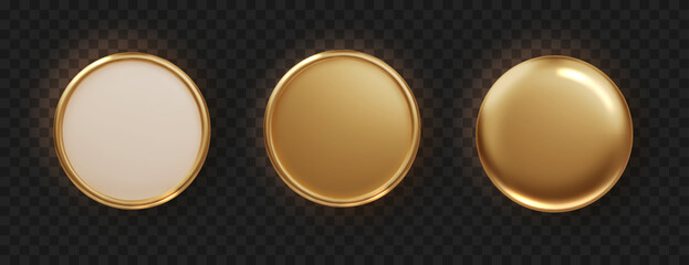 Leinwandbilder - Golden plate button shape with frame. Realistic isolated design element, golden glossy label. Realistic 3D design.