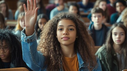 Poster - Teenage student raising hand to answer question in classroom