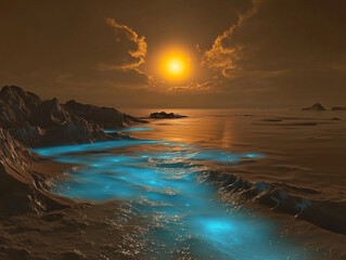 futuristic landscape of glowing water and distant moons. dreamlike and alien, this celestial scene c