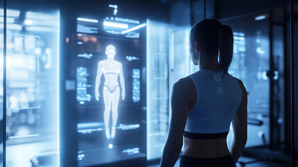 Poster - an ai powered holographic fitness coach guiding a user through an advanced workout session, sleek hi
