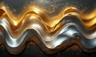Poster - Abstract flowing gold and silver metallic waves with shimmering particles background