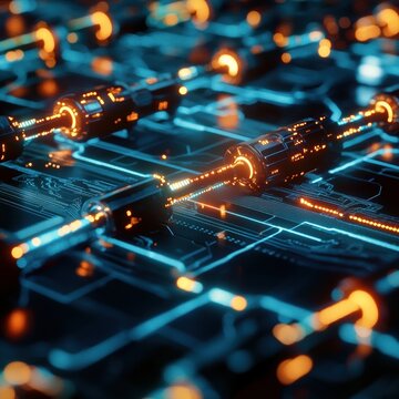 ..a network of black cubes connected by glowing orange lines. Bright pictographs are visible on the sides of the cubes, creating the effect of a futuristic electronic circuit.