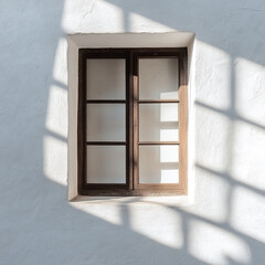Poster - A brown wooden window on a white wall with shadows creating a bright and airy atmosphere inside room