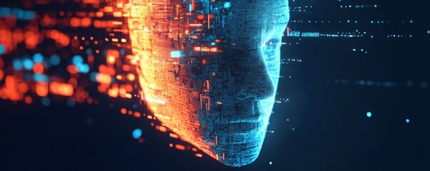 Poster - Artificial intelligence face glowing with data processing