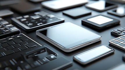 Assorted modern tech devices on dark surface