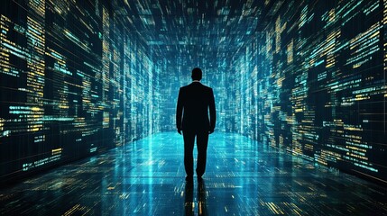 businessman walks digital code tunnel