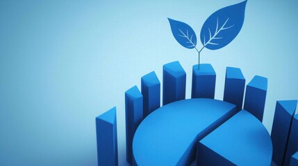 Poster - Plant emerging from a blue piece of paper symbolizing growth and sustainability with a 3d pie chart object with leaf
