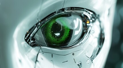 Poster - A futuristic robot with striking green eyes symbolizing advanced technology and artificial intelligence in modern society