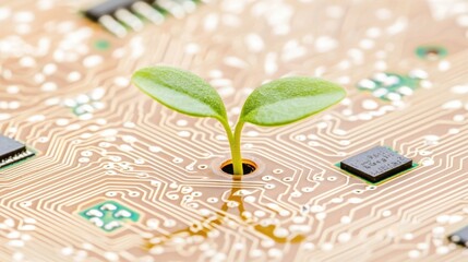 Poster - Vibrant green plant emerging from a circuit board symbolizing the intersection of nature and technology in harmony