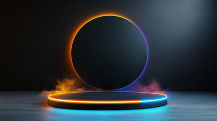 Poster - Creative light display on a circular podium in a dark space