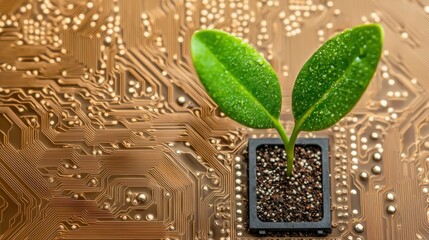 Aufkleber - new life blossoming from a micro computer representing the fusion of nature and technology in the di