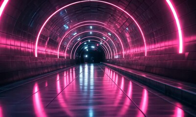 Poster - Futuristic neon illuminated tunnel with reflective floor providing a mesmerizing digital experience