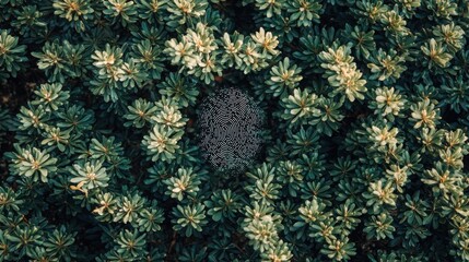 Poster - Intricate fingerprint imprinted in the center of lush green bush surrounded by nature's vibrant leafy background