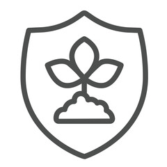 Fototapete - Plant with leaves on safety emblem line icon, ecology concept. Vector graphics. Protection shield with sprout, planting sign on white background, outline style icon for mobile or web design.