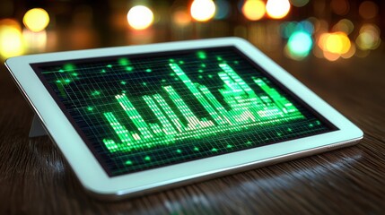 Poster - Sleek tablet displaying a green screen with a futuristic energy dashboard interface for sustainable technology solutions