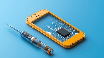 Poster - Close-up of a mobile phone with a screwdriver for repair tasks illustrating the mobile app design process in action