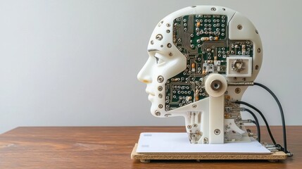 Poster - Robot head on a table illustrating the layers of machine learning concepts for advanced technology applications