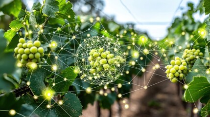Poster - Bunch of grapes enhanced by a network of white dots representing machine learning applications in emission reduction
