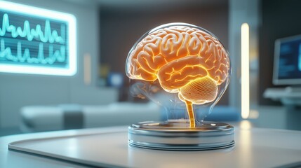 Poster - Detailed brain model displayed on a table for mental health check-in layout and educational purposes
