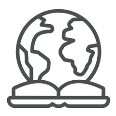 Poster - Book and planet earth line icon, eco tourism concept. Vector graphics. World globe with encyclopedia, book sign on white background, outline style icon for mobile or web design.