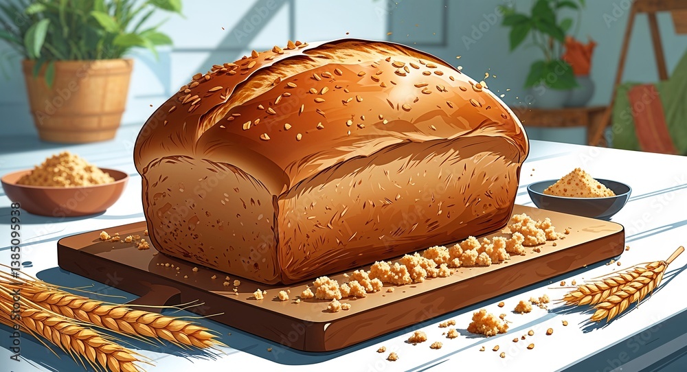 Whole wheat bread loaf with crumbs on a cutting board anime cartoon ...