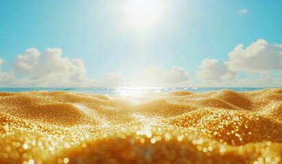 Poster - Golden sand on the beach with sunlight and blue sky background. Summer vacation concept.