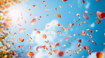 Poster - Red flower petals falling from the sky on sunny day