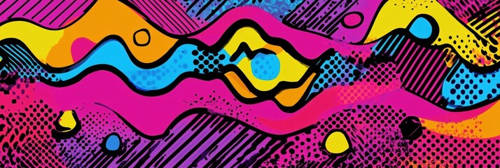 Fototapete - Dynamic Memphis style pattern showcasing bold geometric shapes and vibrant neon colors to create a playful visual experience for modern design lovers