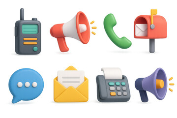 Poster - 3d communication icons: megaphone, mailbox, phone, radio, chat, and fax in a stylish arrangement