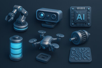 Poster - Futuristic robotic components collection: ai, drones, circuits, battery, mechanical parts in 3d