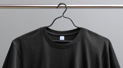 Leinwandbilder - Black T-shirt mockup hangs on a simple hanger, showcasing intricate fabric texture and stitching. Set against a neutral gray background for clear product display