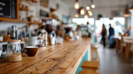 Poster - Soft lighting enhances the cozy vibe of the coffee shop, where a rustic wooden table invites patrons to relax and enjoy their favorite beverages