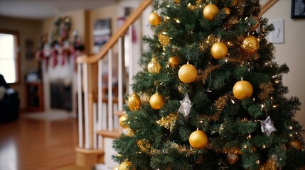 Aufkleber - A beautifully adorned Christmas tree features golden decorations and warm lighting, standing in a cozy living room that radiates holiday cheer