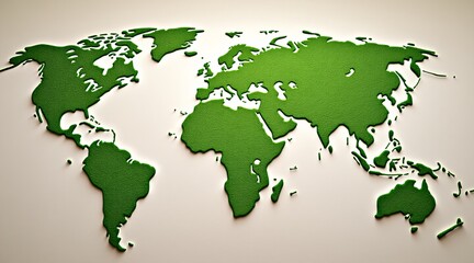 Poster - A green world map featuring textured continents against a neutral background, symbolizing environmental awareness and global sustainability.