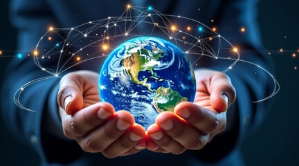 Poster - A person holds a glowing globe, symbolizing global connectivity and technology, surrounded by abstract lines and lights.